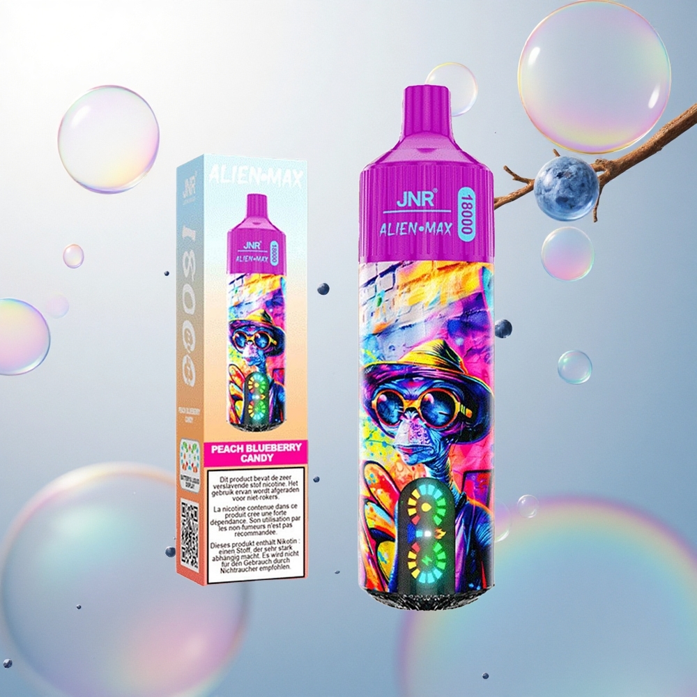 JNR Alien Max 18000 Broskyňa Čučoriedka Candy s Duálnym Mriežkovým Cievkovaním & Rýchlym Nabíjaním